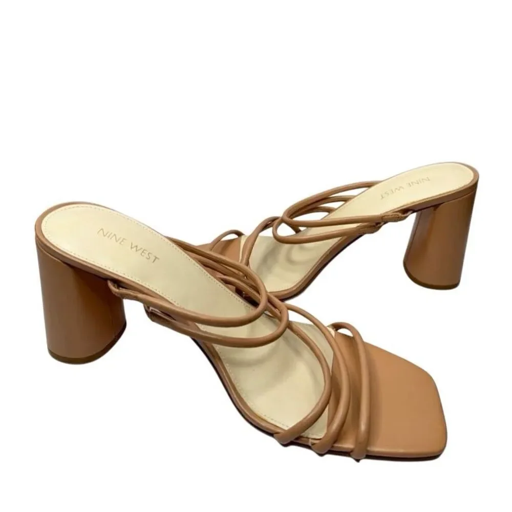 Nine West Sandals Womens Size 12 Tan Strappy Square‎ Open Toe Block Heel